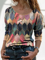 Geometric Print Crew Neck Long Sleeves Shirts
