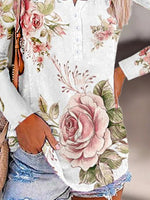 Floral Print Scoop Neck Buttons Long Sleeves Shirts