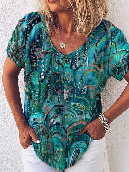 Geometric Print V-neck Short Sleeves T-shirt