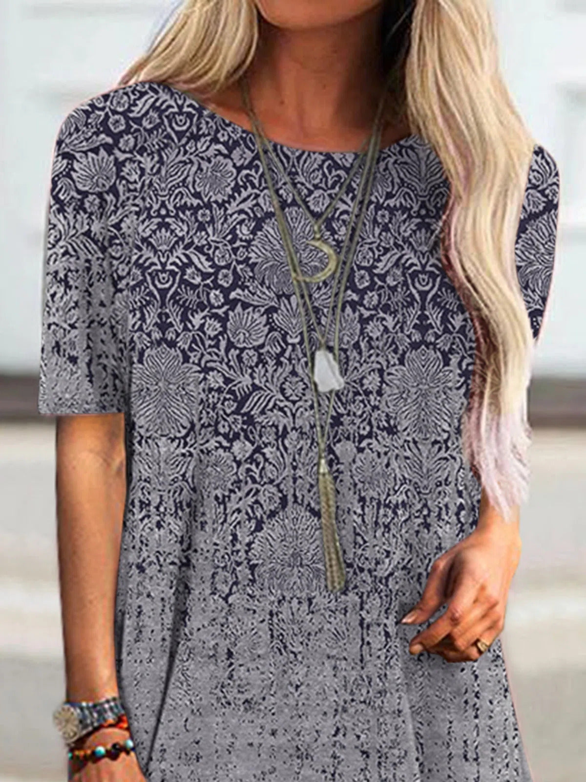 Tribal Print Boat Neck Short Sleeves Long T-shirt
