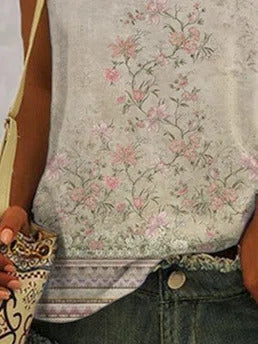 Floral Print V-neck Casual Sleeveless T-shirt