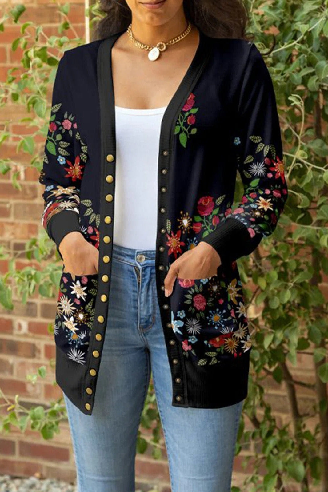 Floral Print V-neck Buttons Long Sleeves Cardigan