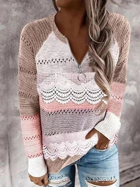 Color Block Crew Neck Zipper Lace Long Sleeves Sweater
