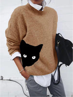 Cat Print High Neck Long Sleeves Casual Sweater