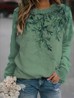 Leaf Print Round Neck Long Sleeves Sweatshirt