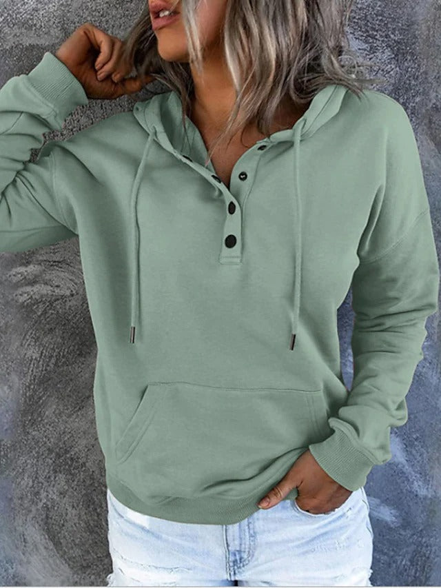 Solid Color Hooded Buttons Long Sleeves Sweatshirt