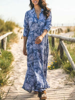 Graphic Print Lapel Buttons 3/4 Sleeves Maxi Dress