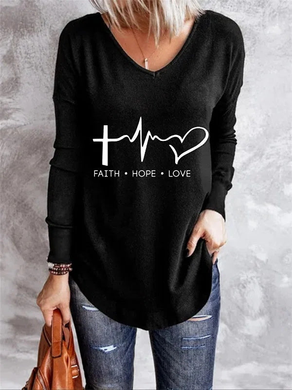Casual Letter Print V-neck Long Sleeves Sweatshirt