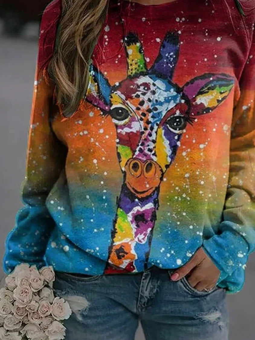 Giraffe Print Gradient Color O-neck Long Sleeves Sweatshirt