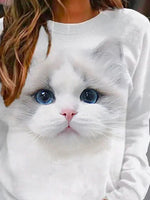 Cute Cat Print Crew Neck Long Sleeves Sweatshirt