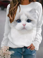 Cute Cat Print Crew Neck Long Sleeves Sweatshirt