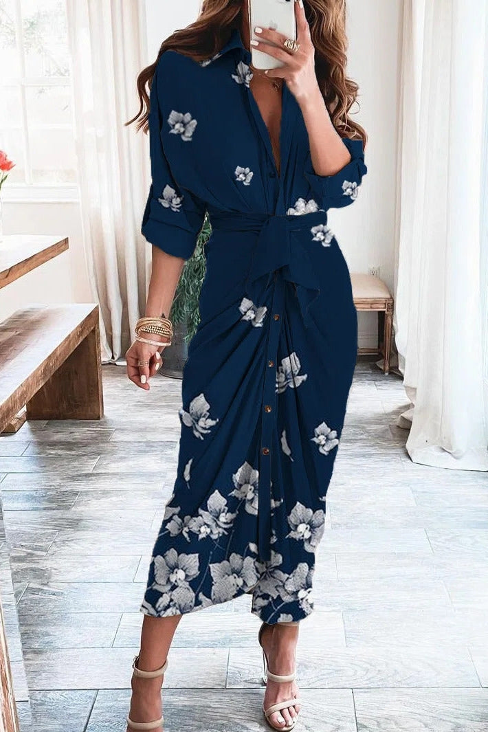 Floral Print Lapel Buttons Long Sleeves Midi Dress