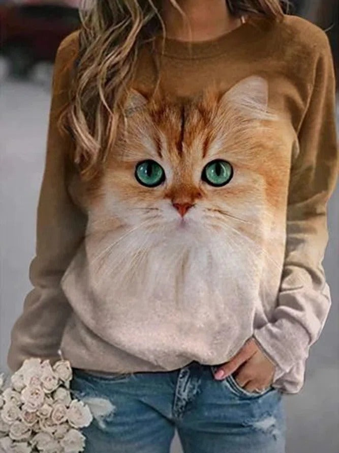 Cute Cat Print Round Neck Long Sleeves Sweatshirt