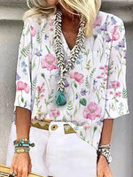 Floral Print V-neck Casual 3/4 Sleeves Blouse