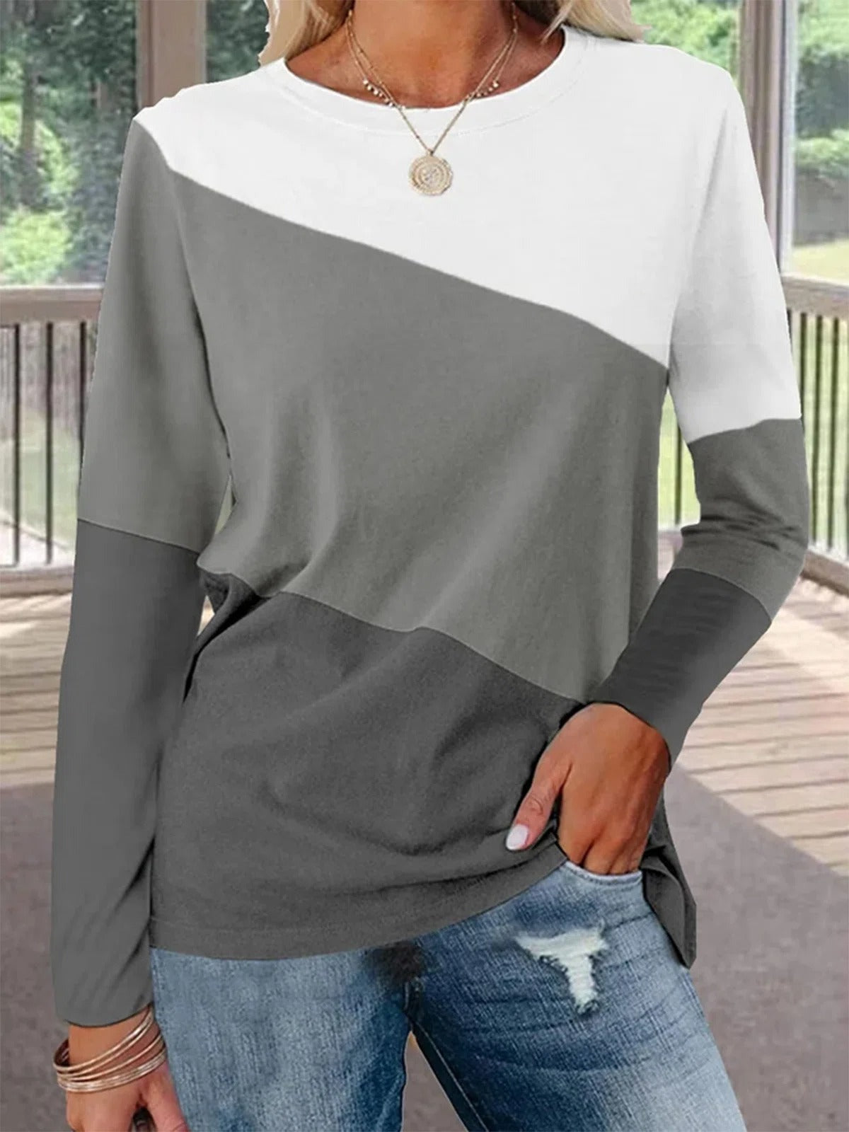 Color Block Round Neck Long Sleeves Sweatshirt