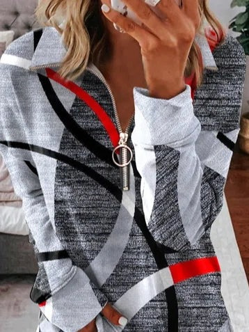 Geometric Print Half Zip Lapel Long Sleeves Sweatshirt