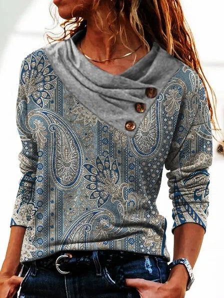Paisley Print Buttons Cowl Neck Long Sleeves Sweatshirt