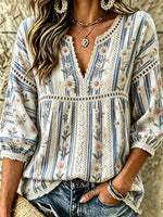 Women's Striped Floral Print Lace Cotton Blouse