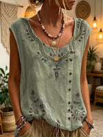 Ethnicity Texture Flowers Women's Art Print Casual Round Neck No Sleeve Cotton Shirt