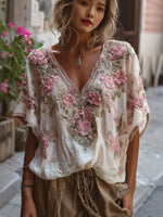 Women's Floral Print Casual V-neck Short-sleeve T-shirt