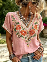 Women's Floral Print Lace Trim V-Neck Short Sleeve Blouse