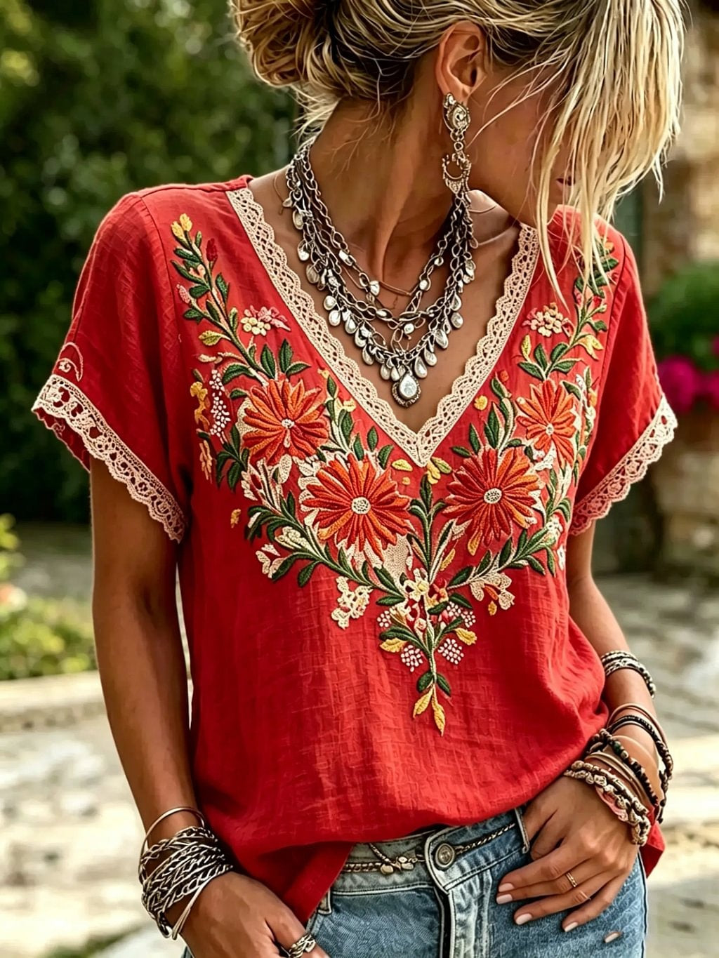 Women's Floral Print Lace Trim V-Neck Short Sleeve Blouse