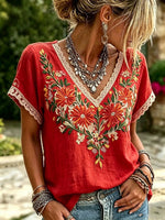 Women's Floral Print Lace Trim V-Neck Short Sleeve Blouse