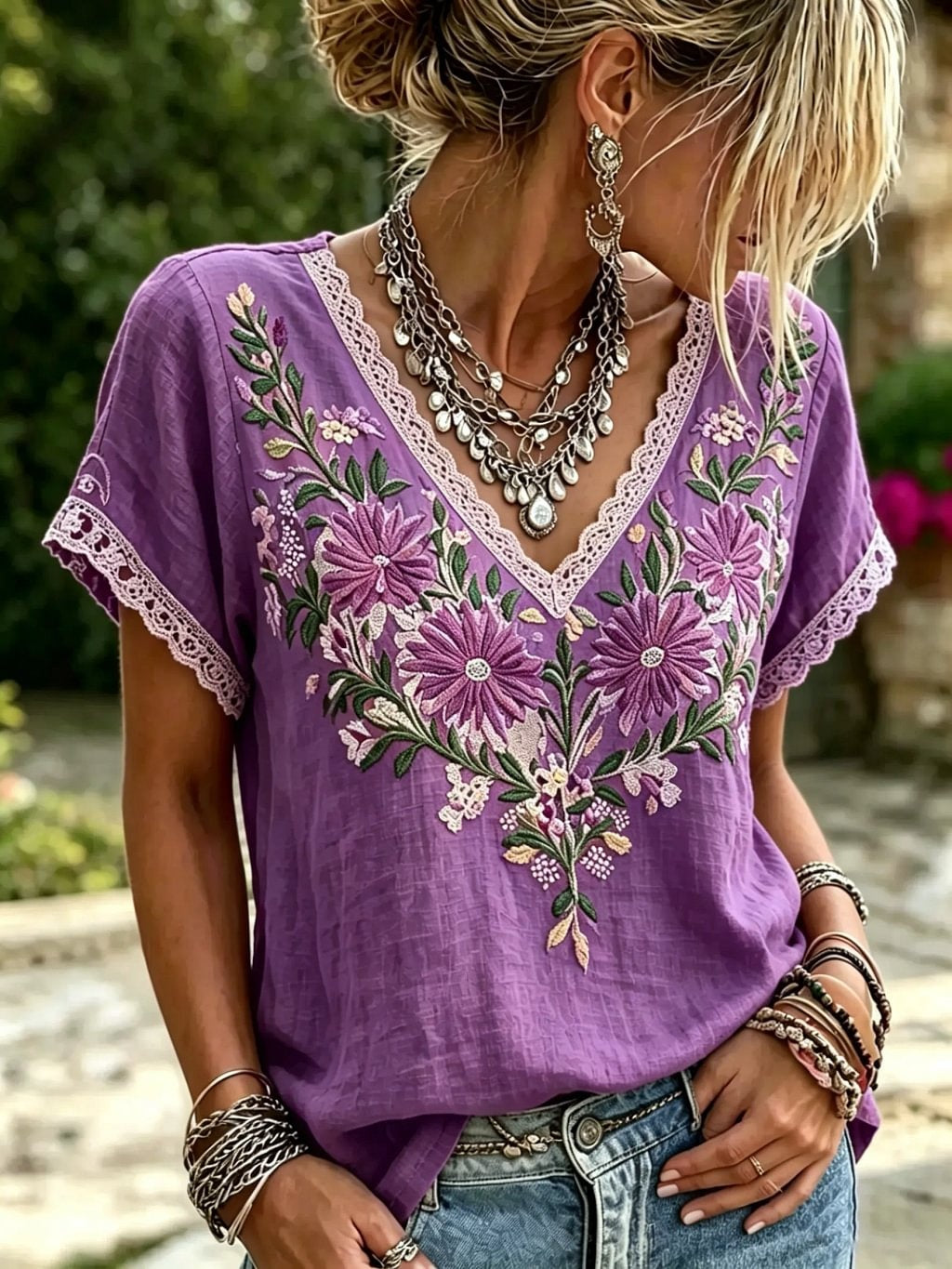 Women's Floral Print Lace Trim V-Neck Short Sleeve Blouse