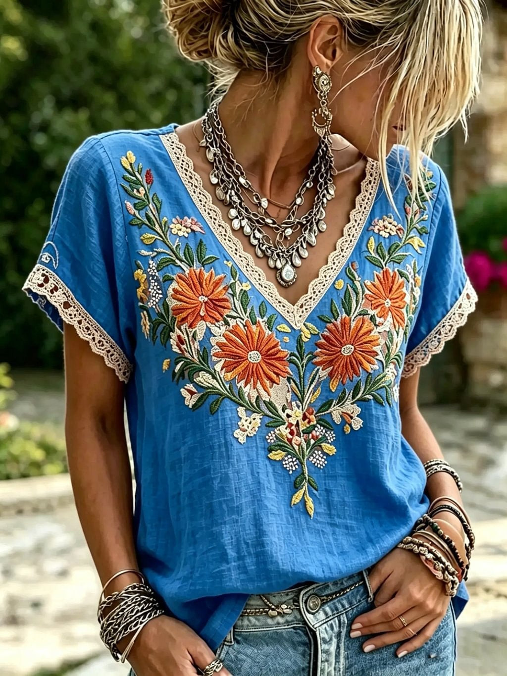 Women's Floral Print Lace Trim V-Neck Short Sleeve Blouse