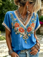 Women's Floral Print Lace Trim V-Neck Short Sleeve Blouse
