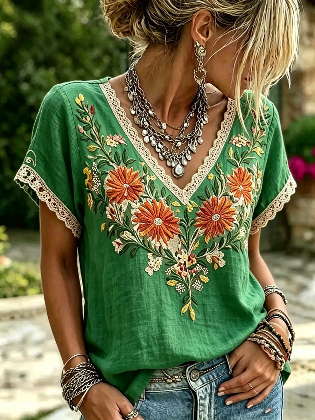 Women's Floral Print Lace Trim V-Neck Short Sleeve Blouse