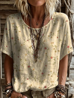 Women's Short-sleeve Crew-neck Cotton-linen T-shirt With Floral Art Print