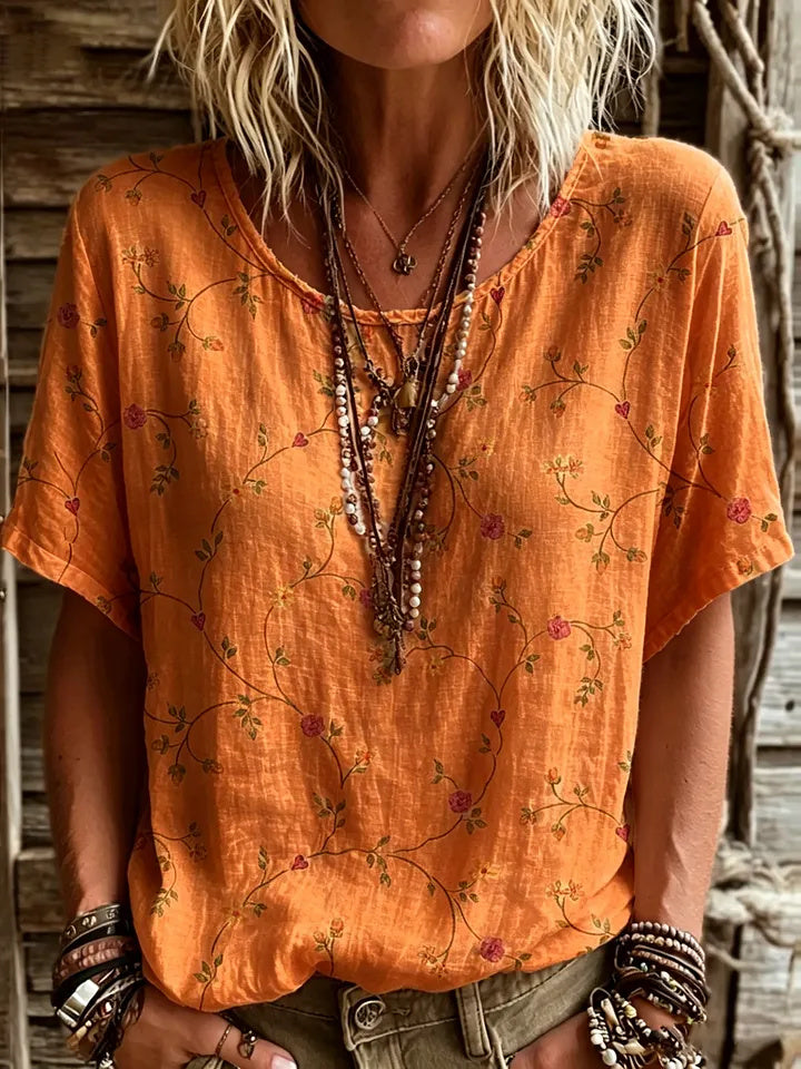 Women's Short-sleeve Crew-neck Cotton-linen T-shirt With Floral Art Print