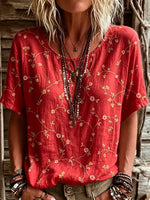 Women's Short-sleeve Crew-neck Cotton-linen T-shirt With Floral Art Print