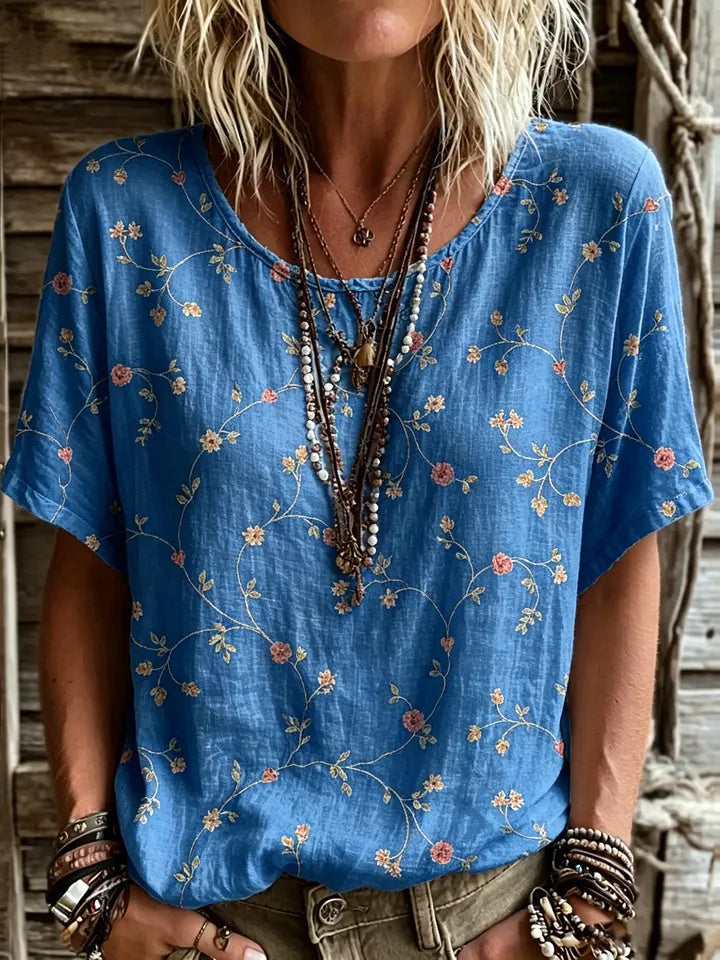 Women's Short-sleeve Crew-neck Cotton-linen T-shirt With Floral Art Print
