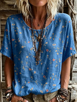 Women's Short-sleeve Crew-neck Cotton-linen T-shirt With Floral Art Print