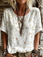 Women's Short-sleeve Crew-neck Cotton-linen T-shirt With Floral Art Print