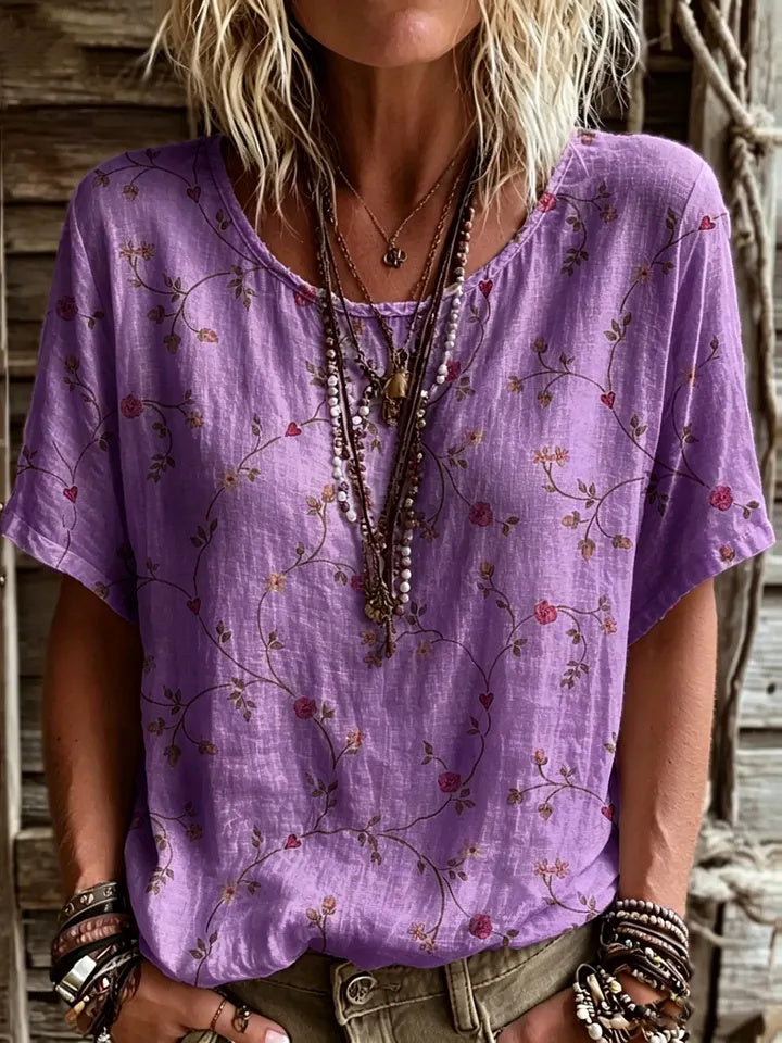 Women's Short-sleeve Crew-neck Cotton-linen T-shirt With Floral Art Print