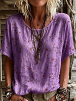 Women's Short-sleeve Crew-neck Cotton-linen T-shirt With Floral Art Print