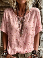 Women's Short-sleeve Crew-neck Cotton-linen T-shirt With Floral Art Print