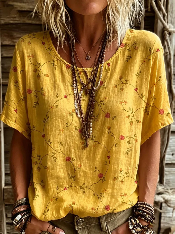 Women's Short-sleeve Crew-neck Cotton-linen T-shirt With Floral Art Print