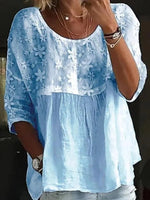 Women's Lace Embroidery PatchworkLoose Crew Neck Split Joint Shirt