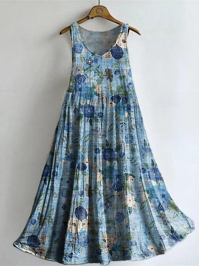 Vintage Floral-embellished Patterned Art Print V Neck Sleeveless Cotton Pocket Dress