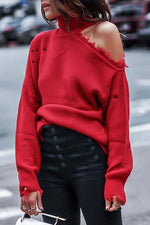 Plain Hollow Out High Neck Long Sleeves Sweater