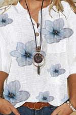 Floral Print Buttons V-neck Half Sleeves Blouse