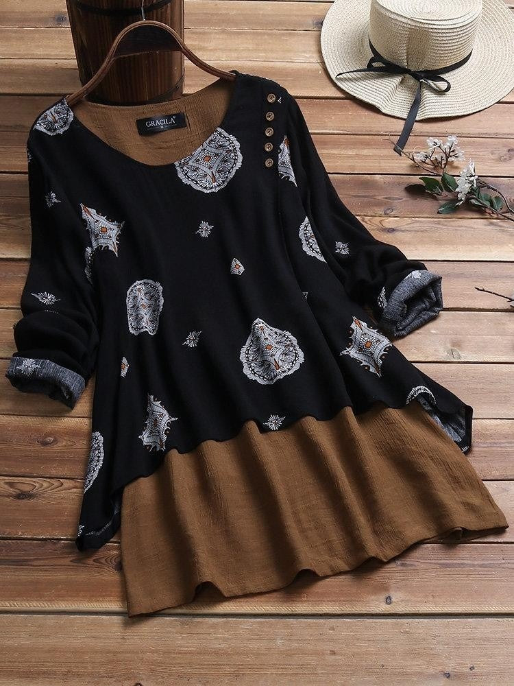 Women's Round Neck Floral Patchwork Long Sleeves Blouse