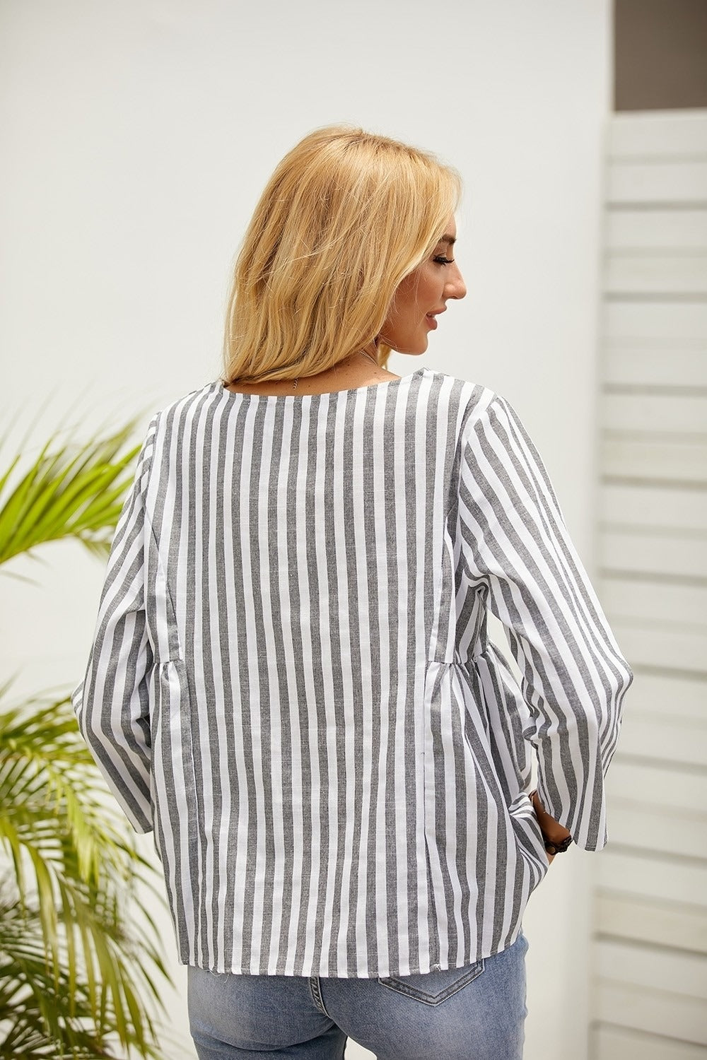 Stripe Print Round Neck 3/4 Sleeves Shirts & Tops