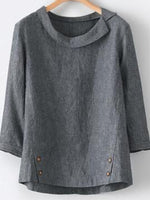 Plain Buttons Round Neck 3/4 Sleeves Blouse
