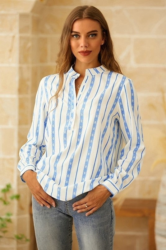 Stripe Print V-neck Long Sleeves Blouse