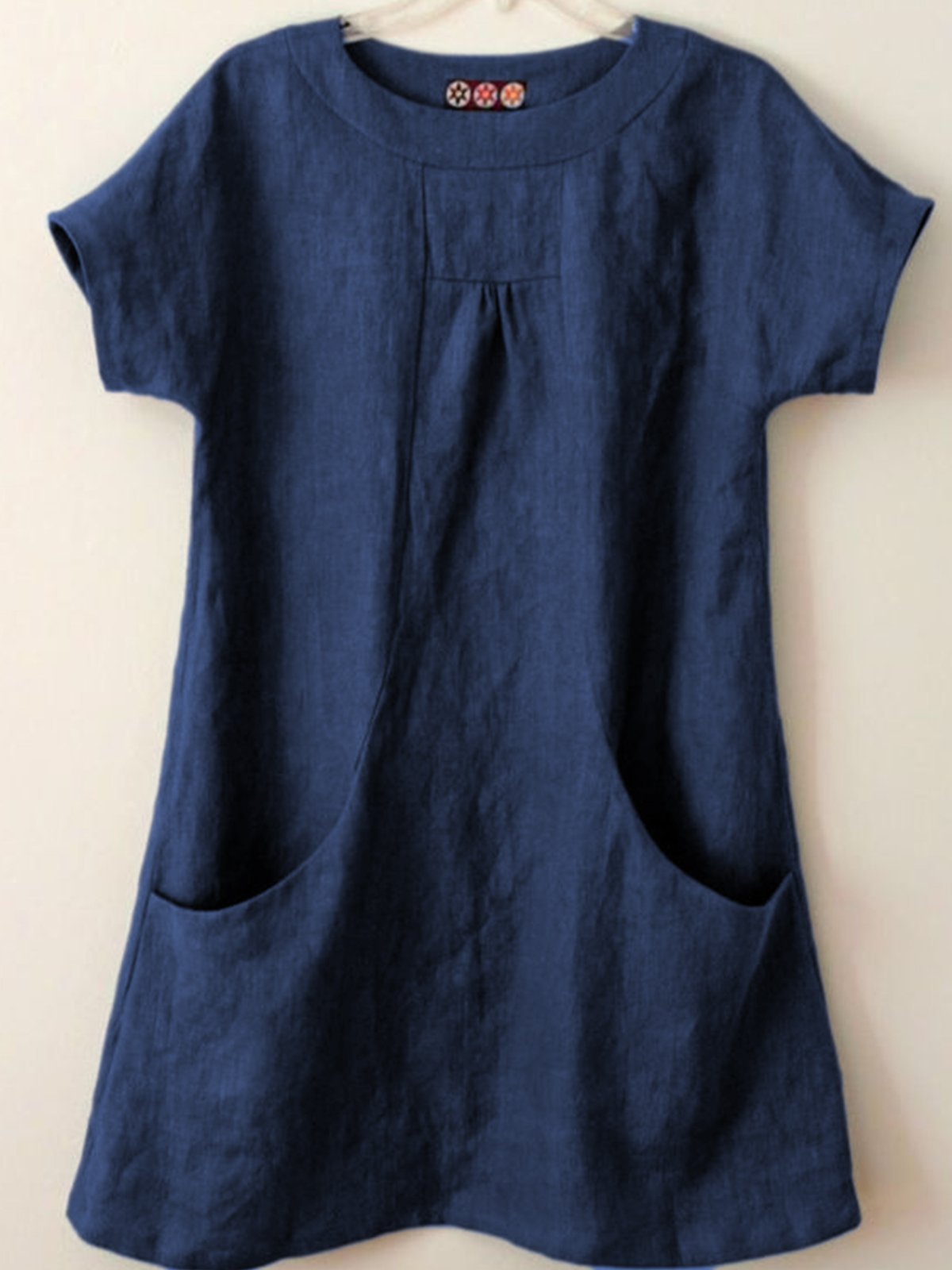 Plain Pockets Round Neck Short Sleeves Blouse